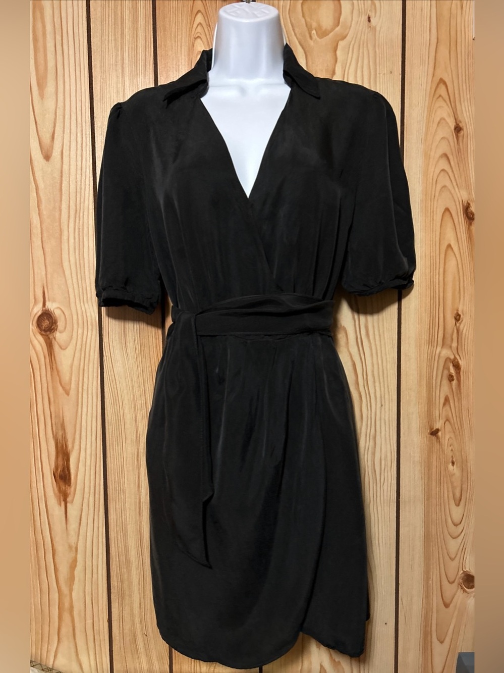 BA&SH Black 100% Cupro Wrap Dress Belted V-Neck Paris Designer Size US 6/M Mini